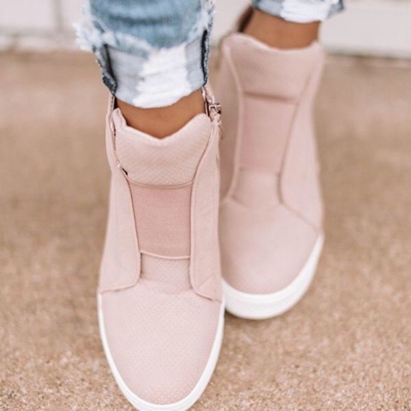 Tegan | Faux Suede Pinhole Wedge Sneakers | Blush - Picture 4 of 5
